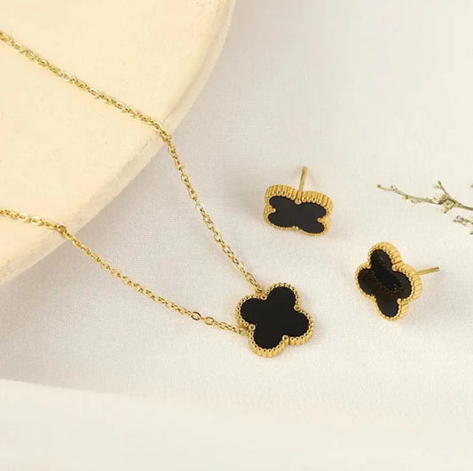 Elegant Black Clover Pendant & Earrings Set