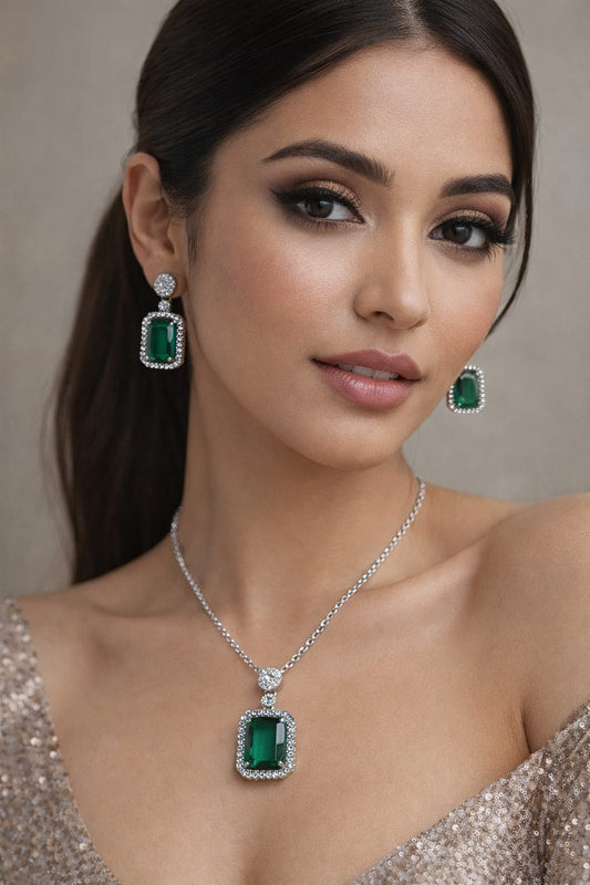 Emerald-Cut Baguette Halo Jewelry Set | Green & Silver |