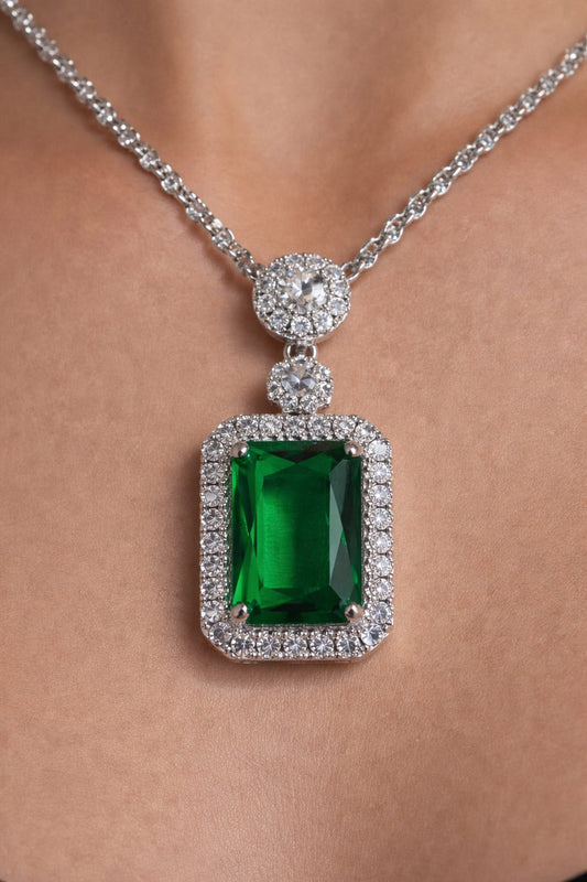 Emerald-Cut Baguette Halo Jewelry Set | Green & Silver |