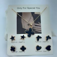 Elegant Black Enamel Pendant & 4 Earrings Set